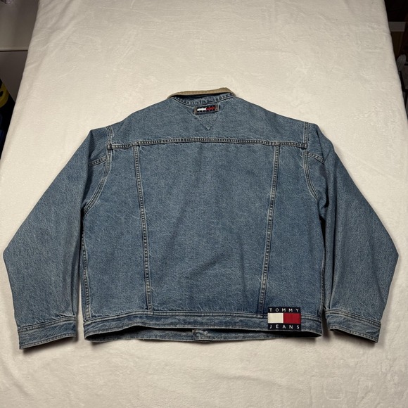 Vintage Tommy Jeans Jacket Mens 2XL Blue Denim Tan Collar Crest Patch 90s - Picture 8 of 14